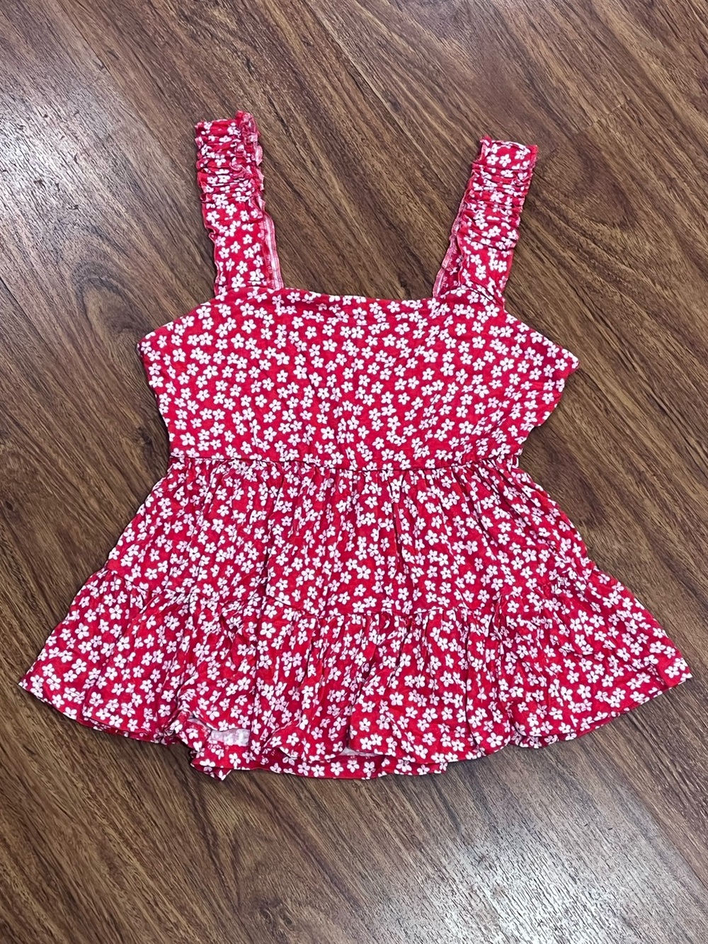 SO Red and White Floral Ruffle Tank Top